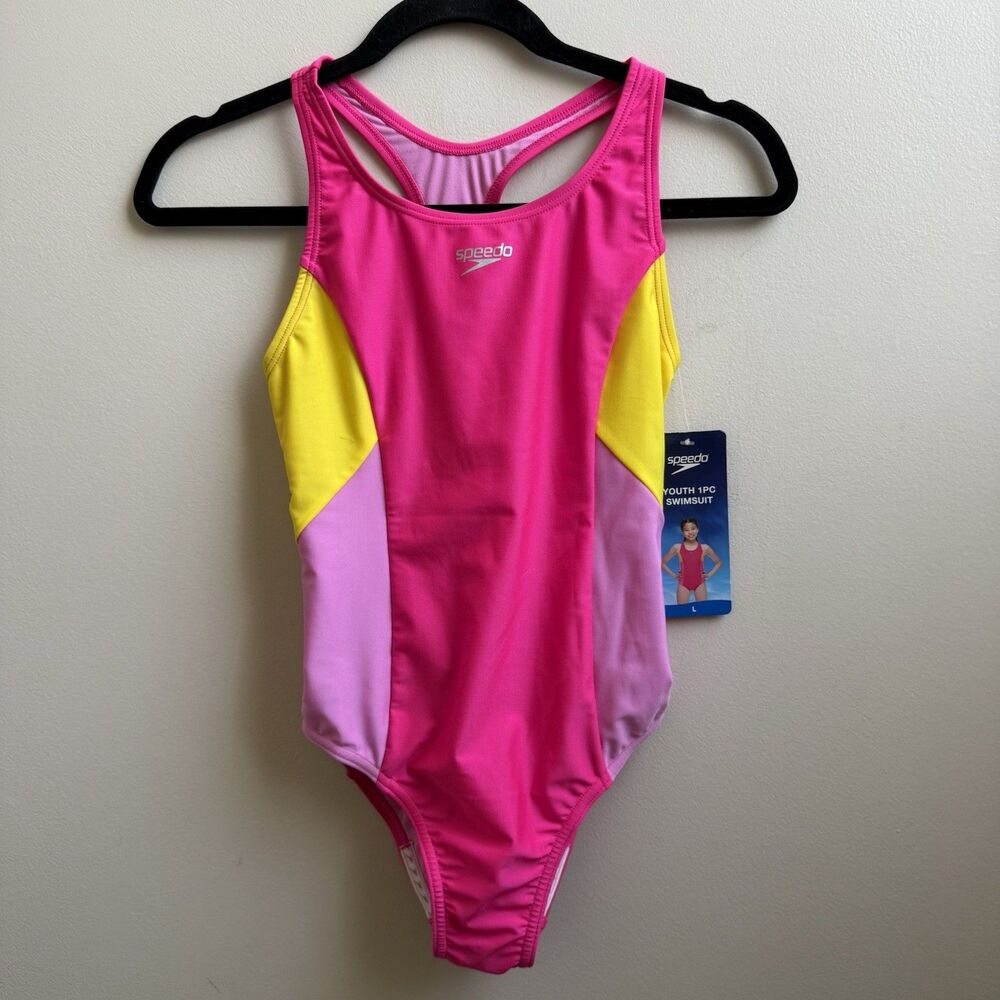 NWT Girls SPEEDO Pink Yellow Color Block 1 Piece Swimwear Swimsuit Sz L